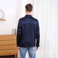 Polo Collar Silk Long Shirt For Men Navy