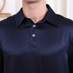 Polo Collar Silk Long Shirt For Men Navy