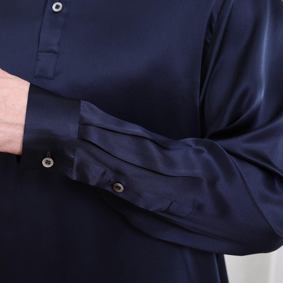 Polo Collar Silk Long Shirt For Men Navy