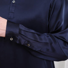 Polo Collar Silk Long Shirt For Men Navy