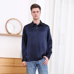 Polo Collar Silk Long Shirt For Men Navy