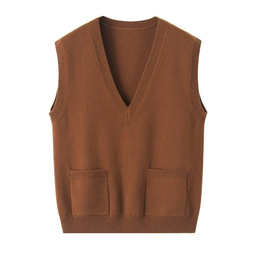 Pure Cashmere Sleeveless V-Neck Sweater Waistcoat Coffee
