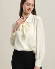 Pure Silk Bow Tie Blouse For Women Cream