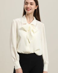 Pure Silk Bow Tie Blouse For Women Cream