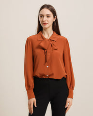 Pure Silk Bow Tie Blouse For Women Orange