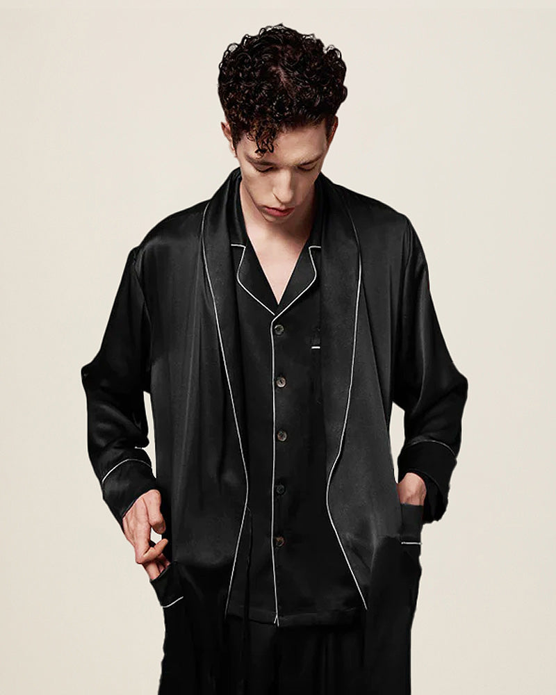 Pure Silk Contrast Piping Belted Robe And Pants Set Black