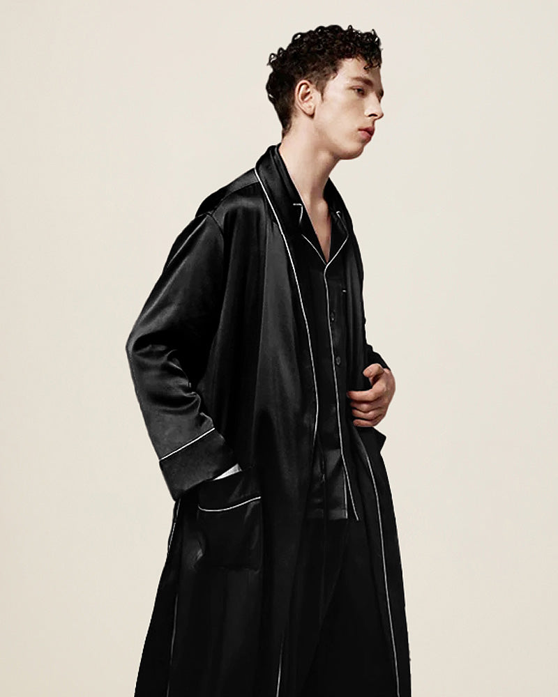 Pure Silk Contrast Piping Belted Robe And Pants Set Black