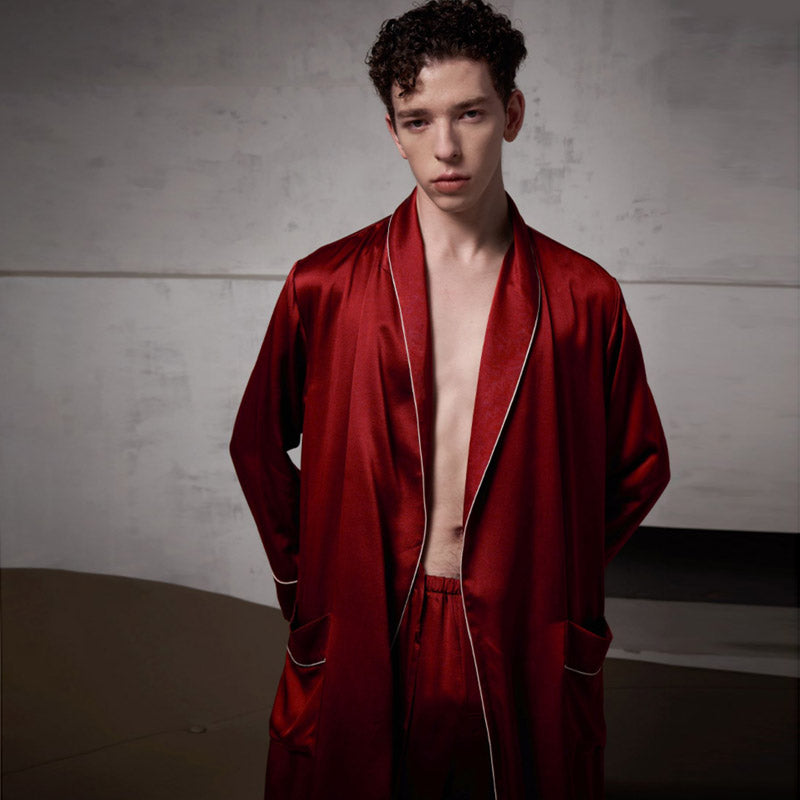 Pure Silk Contrast Piping Belted Robe And Pants Set Burgundy