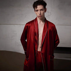 Pure Silk Contrast Piping Belted Robe And Pants Set Burgundy