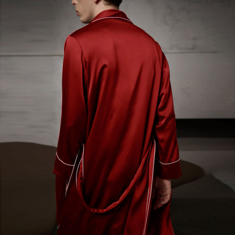 Pure Silk Contrast Piping Belted Robe And Pants Set Burgundy