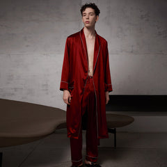 Pure Silk Contrast Piping Belted Robe And Pants Set Burgundy