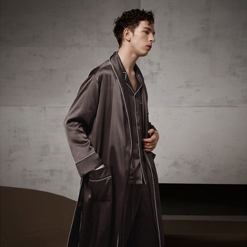 Pure Silk Contrast Piping Belted Robe And Pants Set Dark Grey