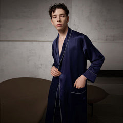 Pure Silk Contrast Piping Belted Robe And Pants Set Navy