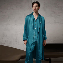 Pure Silk Contrast Piping Belted Robe And Pants Set Peacock Blue