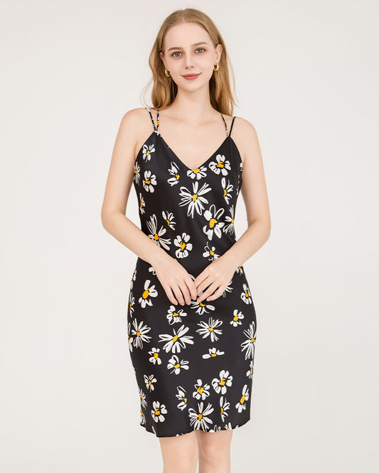 Daisy Print Cross Back 100% Silk Midi Dress Nightgown