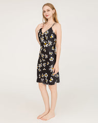 Daisy Print Cross Back 100% Silk Midi Dress Nightgown