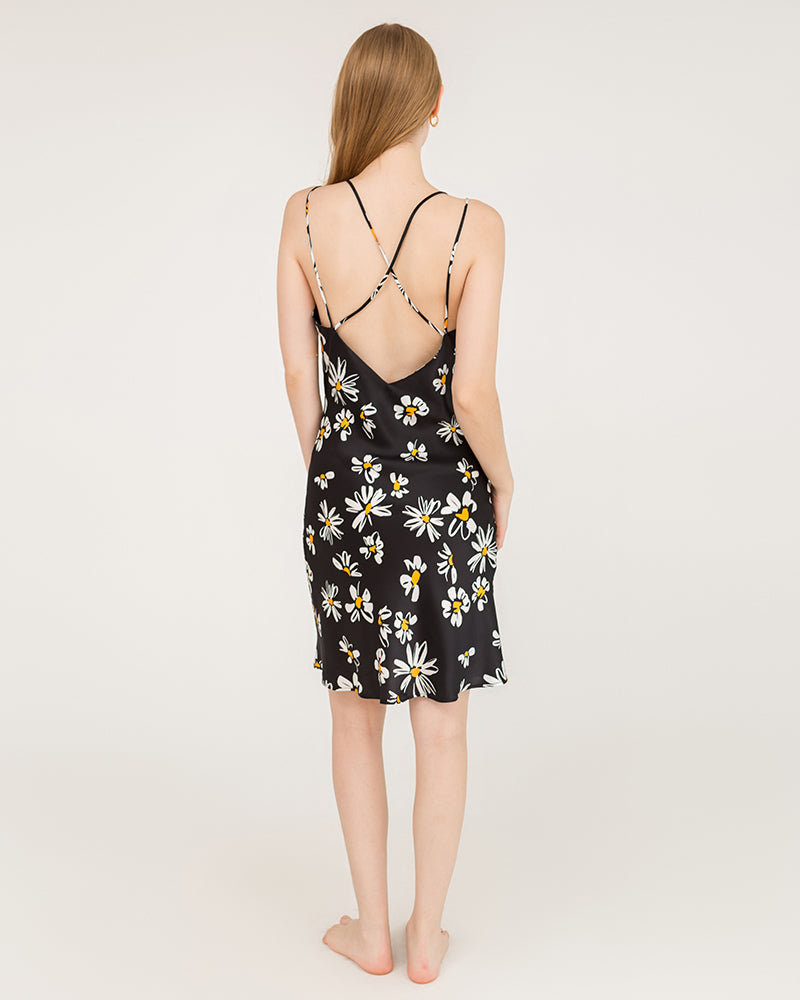 Daisy Print Cross Back 100% Silk Midi Dress Nightgown