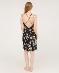 Daisy Print Cross Back 100% Silk Midi Dress Nightgown