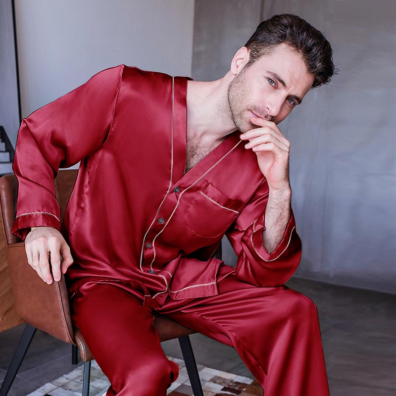 Pure Silk Men's Lapel Pajama Set 2Pcs Burgundy