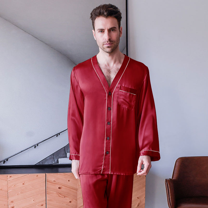 Pure Silk Men's Lapel Pajama Set 2Pcs Burgundy