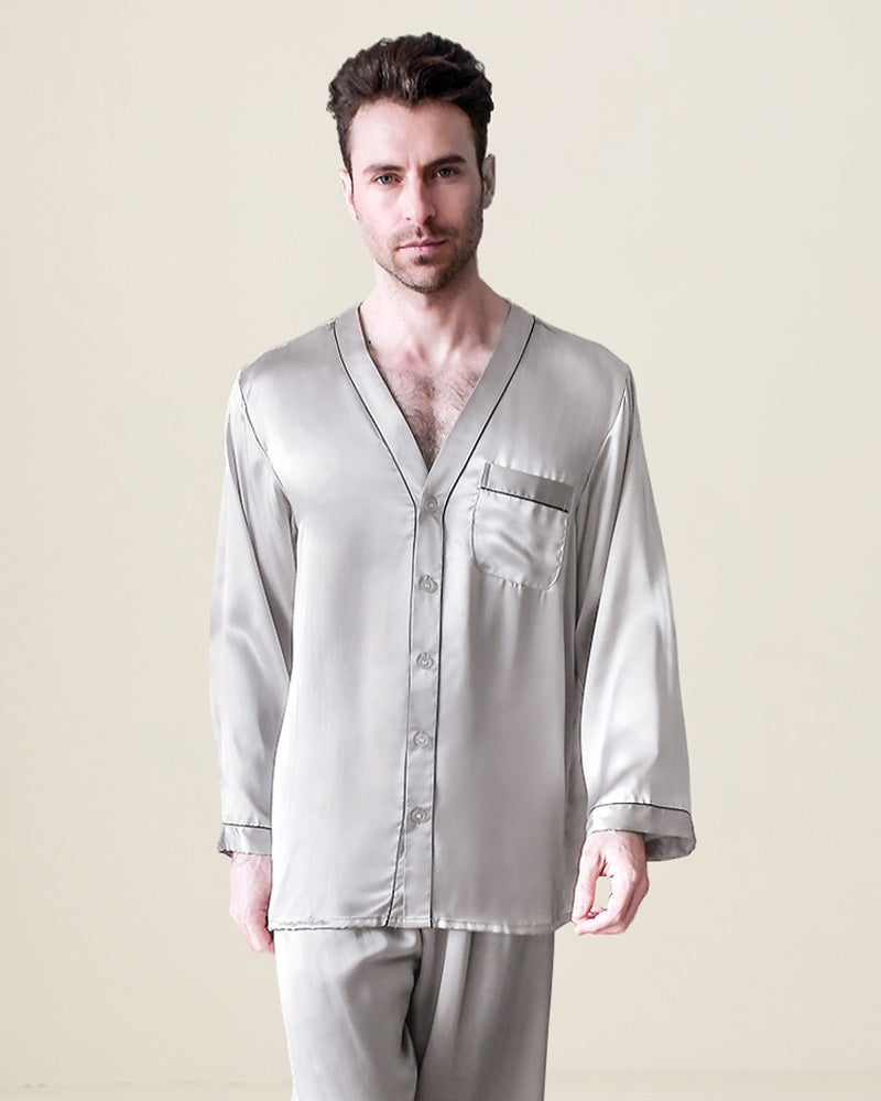 Pure Silk Men's Lapel Pajama Set 2Pcs Grey