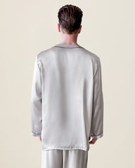 Pure Silk Men's Lapel Pajama Set 2Pcs Grey