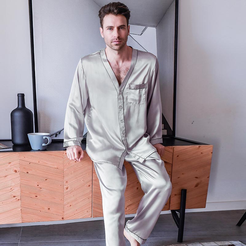 Pure Silk Men's Lapel Pajama Set 2Pcs Grey