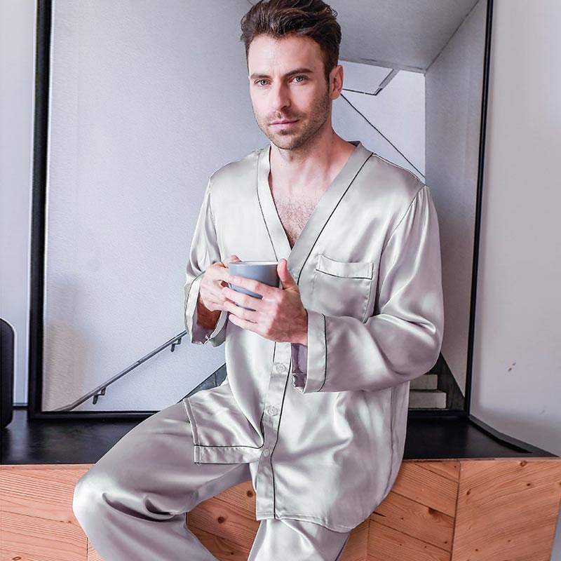 Pure Silk Men's Lapel Pajama Set 2Pcs Grey