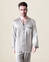 Pure Silk Men's Lapel Pajama Set 2Pcs Grey
