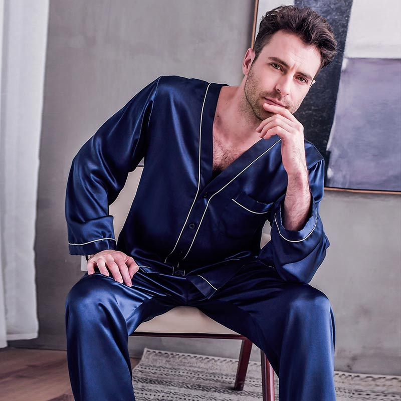Pure Silk Men's Lapel Pajama Set 2Pcs Navy