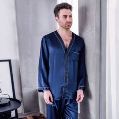 Pure Silk Men's Lapel Pajama Set 2Pcs Navy