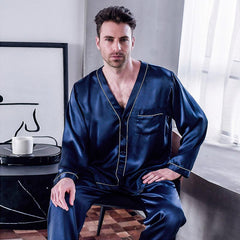 Pure Silk Men's Lapel Pajama Set 2Pcs Navy