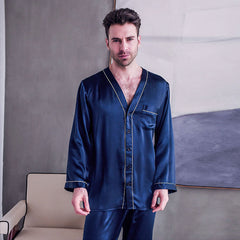 Pure Silk Men's Lapel Pajama Set 2Pcs Navy