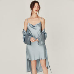 Pure Silk Nightgown & Robe Set 2Pcs Haze Blue