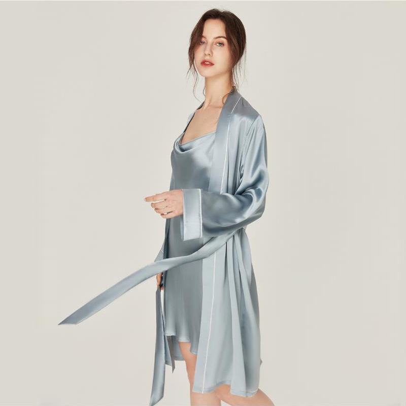 Pure Silk Nightgown & Robe Set 2Pcs Haze Blue