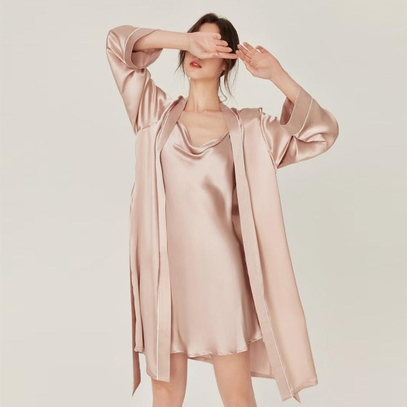 Pure Silk Nightgown & Robe Set 2Pcs Pink