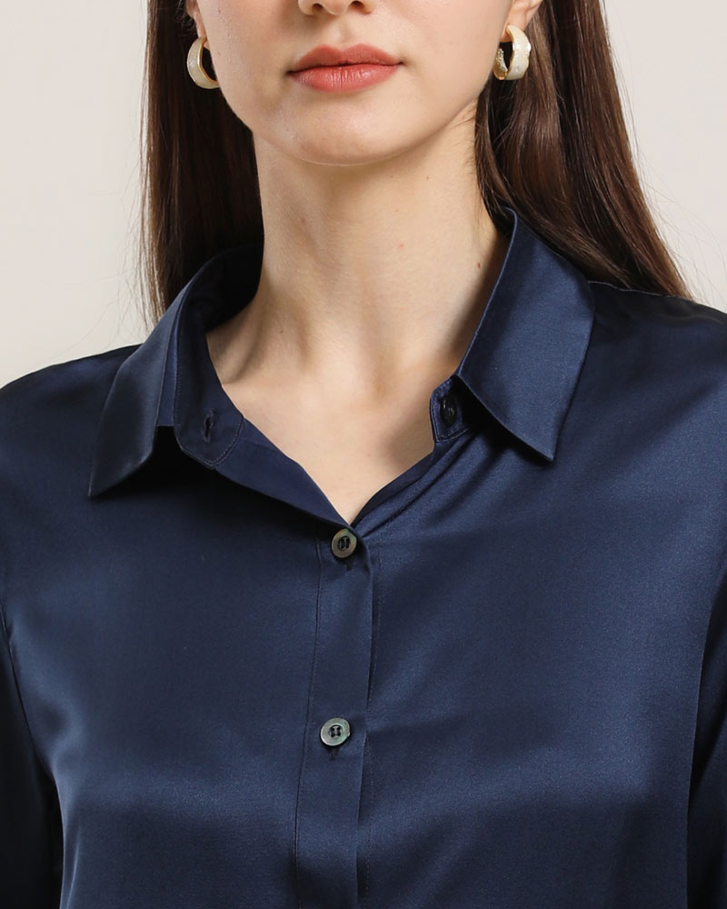 Pure Silk Shirt Blouse For Women Navy