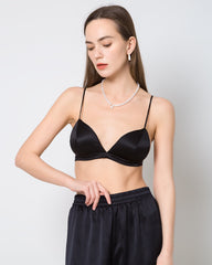 100% Silk Satin Soft Breathable Cap Wireless Bra Black