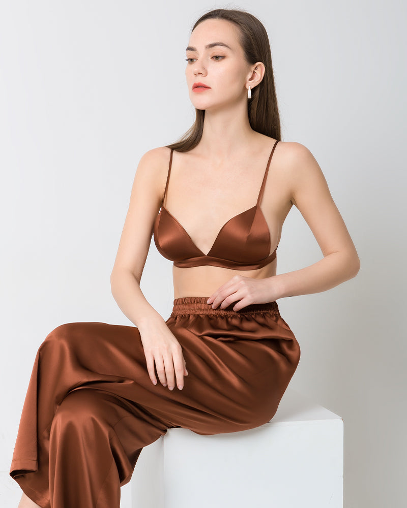 100% Silk Satin Soft Breathable Cap Wireless Bra Brown