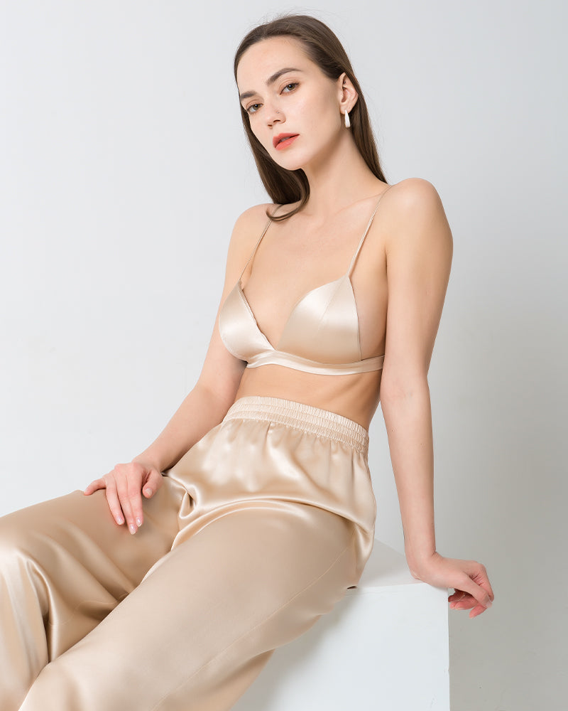 100% Silk Satin Soft Breathable Cap Wireless Bra Champagne