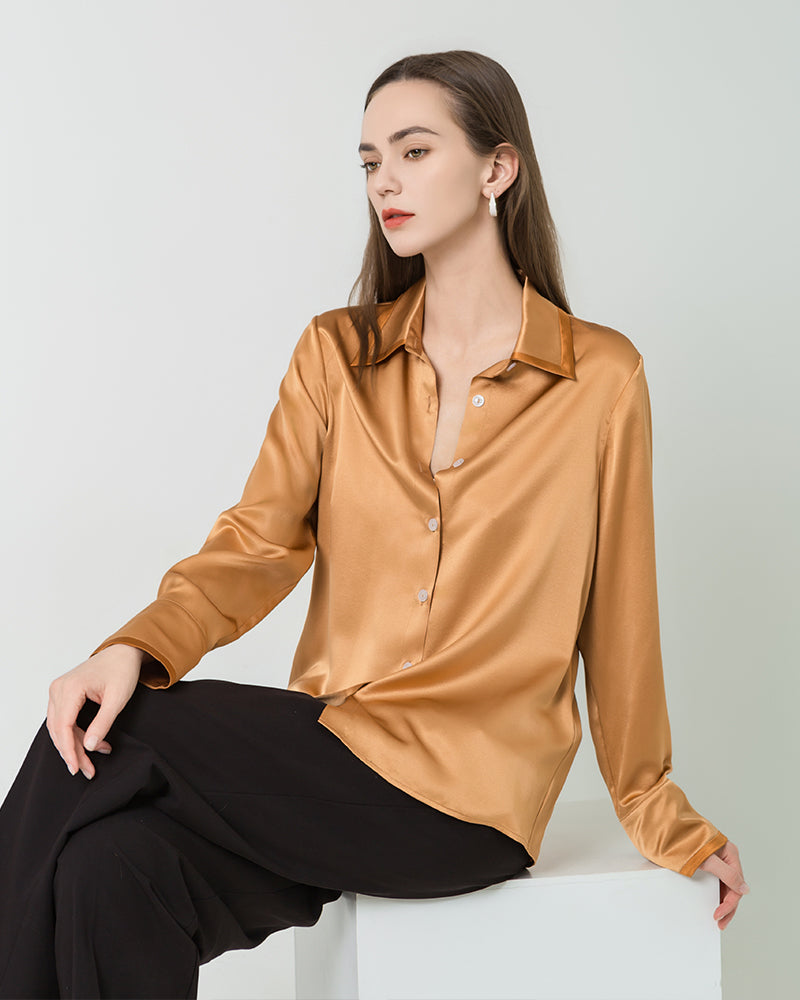 Contrast Collar Silk Blouse Orange