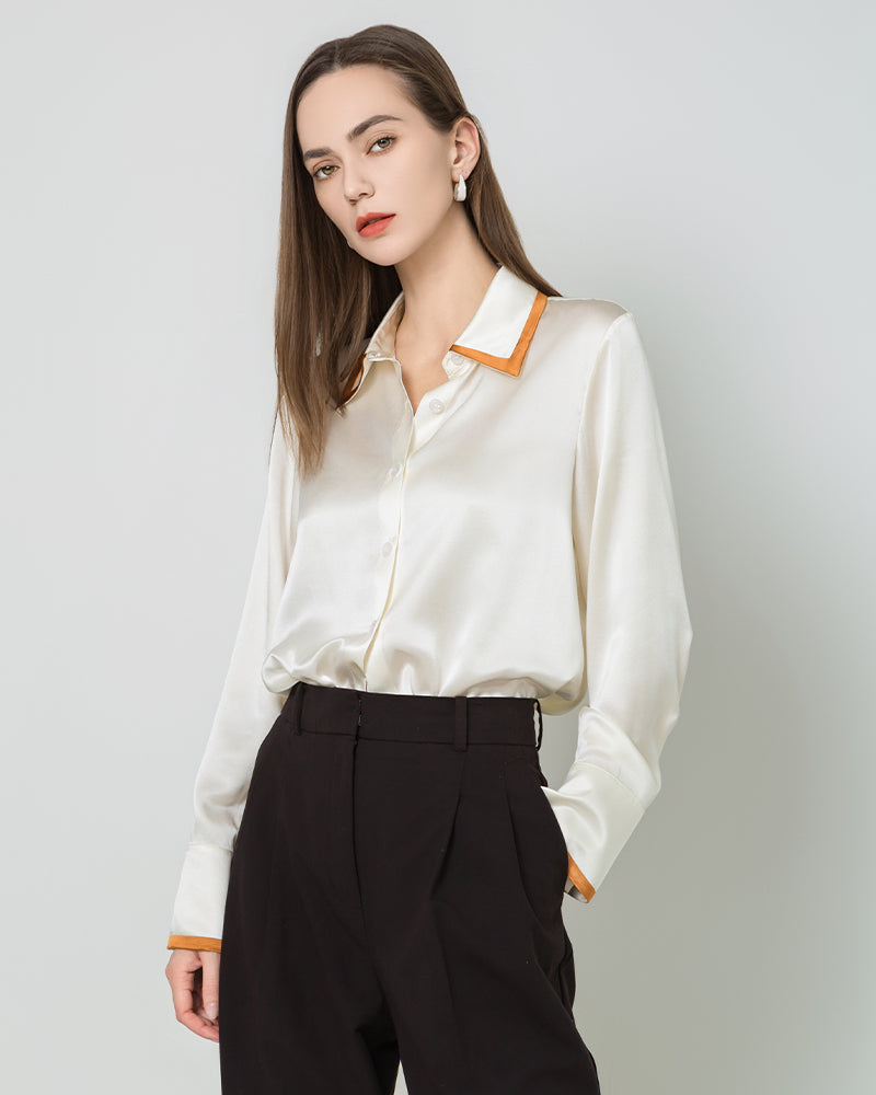 Contrast Collar Silk Blouse White
