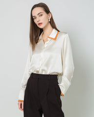 Contrast Collar Silk Blouse White