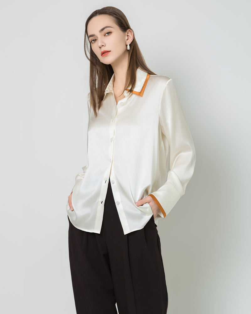 Contrast Collar Silk Blouse White