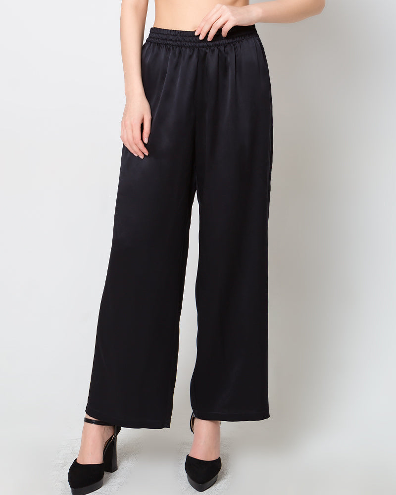 Women's Silk Satin Wide-Leg Pants Black