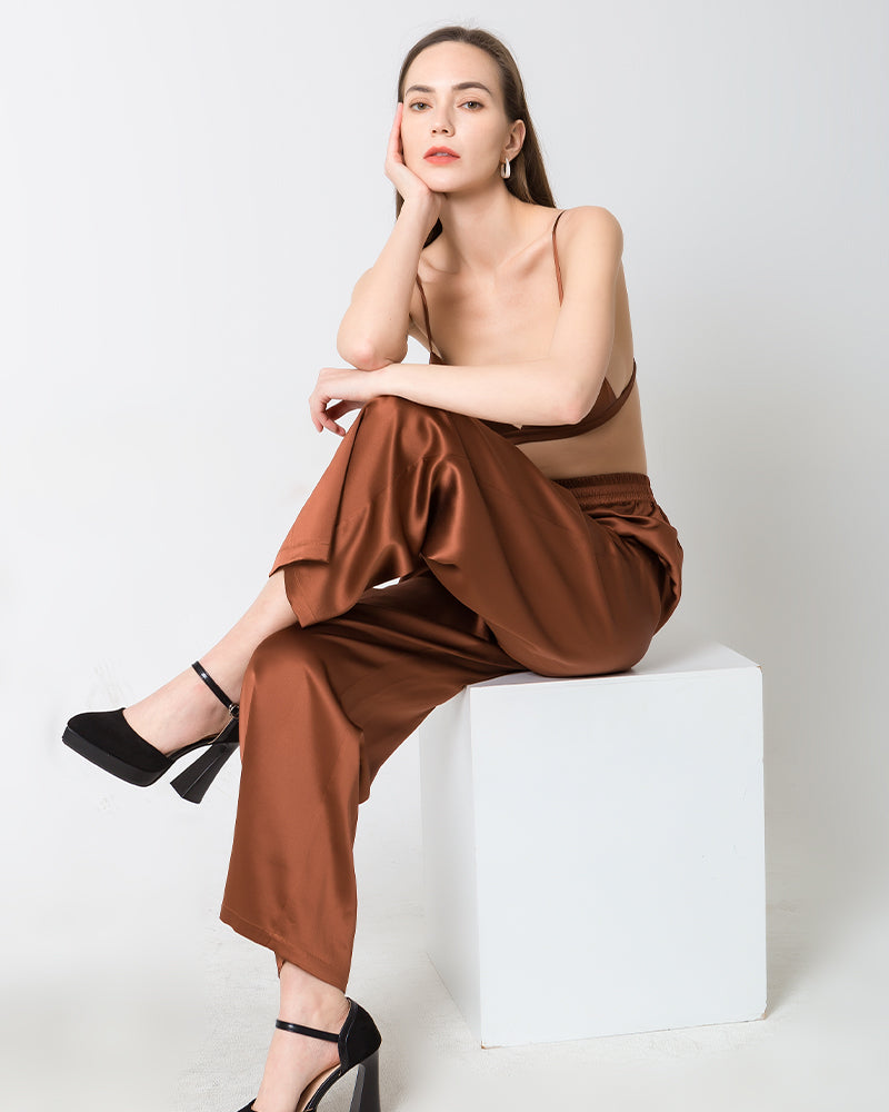 Women's Silk Satin Wide-Leg Pants Brown