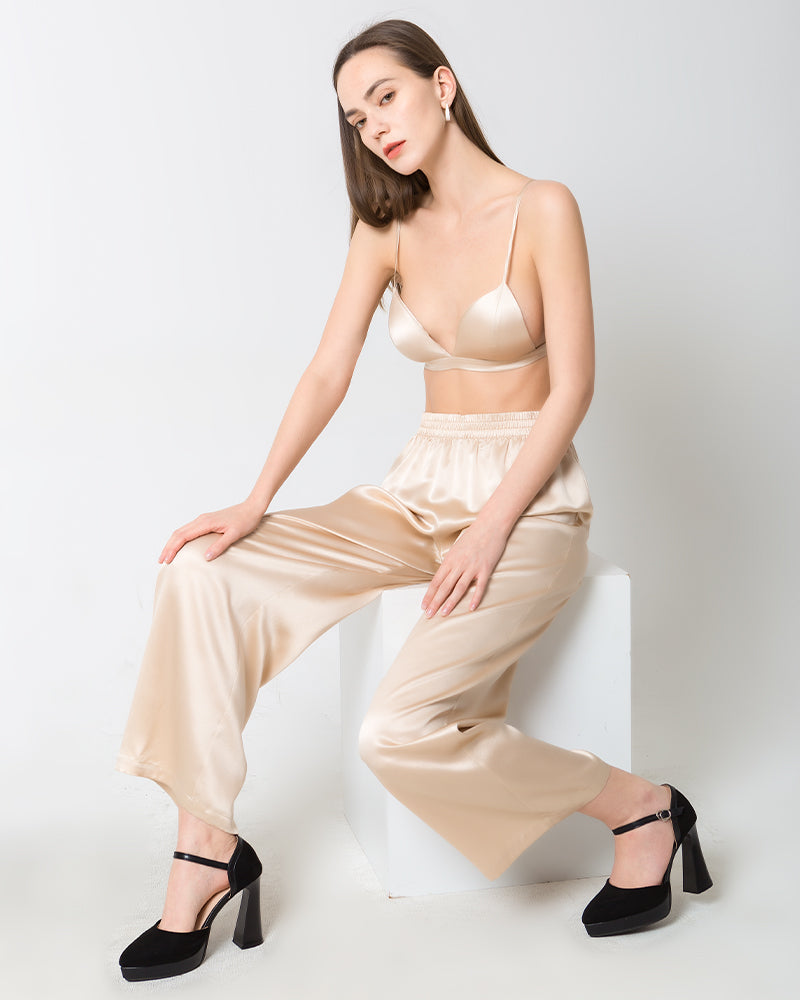 Women's Silk Satin Wide-Leg Pants Champagne