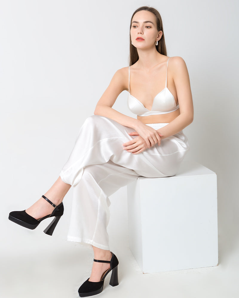 Women's Silk Satin Wide-Leg Pants White