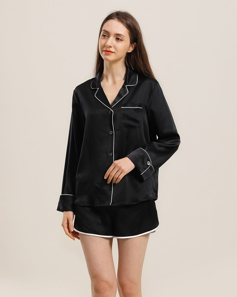 Relax Silk Shirt Shorts Pajamas Set Black
