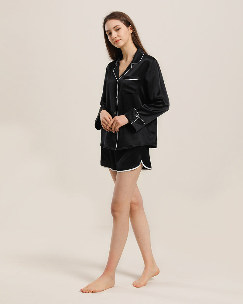 Relax Silk Shirt Shorts Pajamas Set Black